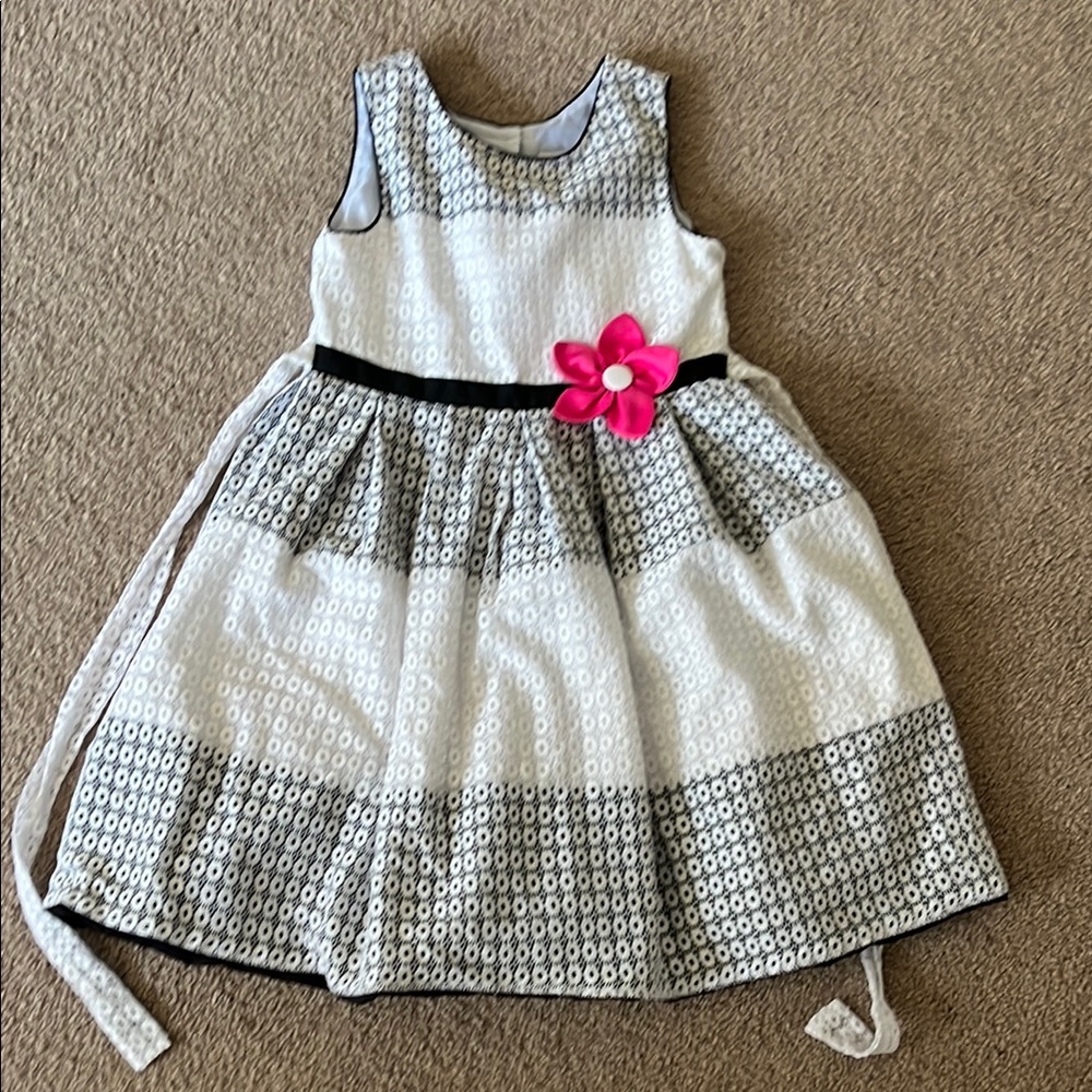 Girls' White and Blue Dress with Pink Flower